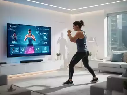 Person beim Boxtraining vor einem modernen Fernsehbildschirm in einem hellen Wohnzimmer. - Foto: über boerse-global.de