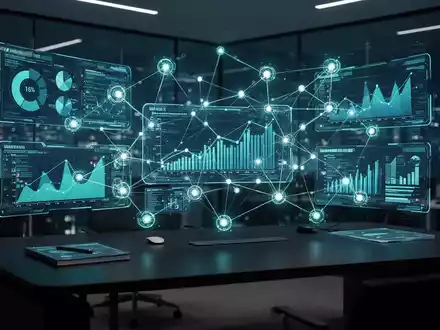Holografische Datenvisualisierungen und Netzwerkknoten, die KI-gesteuertes Finanzrisikomanagement in einem modernen Büro darstellen. - Foto: über boerse-global.de
