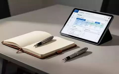 Ein moderner Schreibtisch mit Notizbuch und digitalem Tablet, das eine Zeiterfassungs-App anzeigt. - Foto: über boerse-global.de