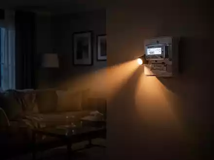Ein Lichtstrahl einer Taschenlampe in einem dunklen Wohnraum beleuchtet einen Stromzähler. - Foto: über boerse-global.de