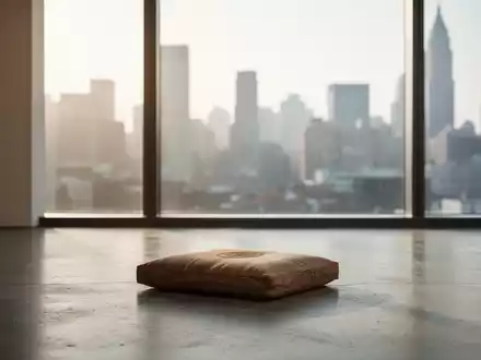 Ein minimalistischer Meditationsraum mit sanftem Tageslicht und Blick auf eine moderne Stadtlandschaft. - Foto: über boerse-global.de
