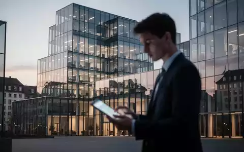Ein junger Unternehmer in einem modernen Bürogebäude vor dem Hintergrund einer deutschen Stadt bei Dämmerung. - Foto: über boerse-global.de