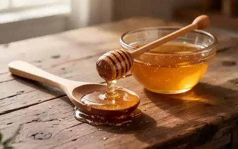 Ein Holzlöffel mit flüssigem Honig neben einer Glasschale auf einem Holztisch bei natürlichem Licht. - Foto: über boerse-global.de