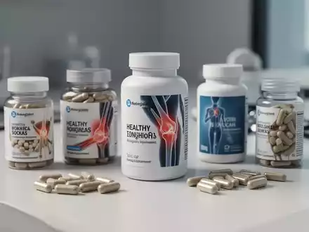 Verschiedene Nahrungsergänzungsmittelkapseln und Behälter für Gelenkgesundheit auf einem modernen Arbeitstisch. - Foto: über boerse-global.de