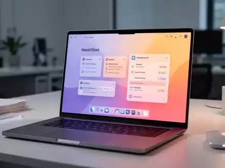 Moderner Laptop-Bildschirm mit einem Browser-Interface, das personalisierte Gradient-Themes und Produktivitäts-Widgets zeigt. - Foto: über boerse-global.de