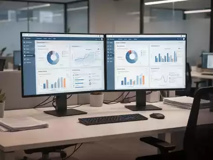 Moderner Büroarbeitsplatz mit digitalen Daten-Dashboards auf Monitoren, die einheitliches Dokumentenmanagement darstellen. - Foto: über boerse-global.de