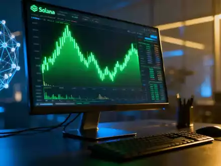 Digitale Kursanzeige und Blockchain-Visualisierung auf einem modernen Monitor. - Foto: über boerse-global.de