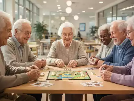 Senioren spielen gemeinsam Gesellschaftsspiele in einer Begegnungsstätte zur Förderung der kognitiven Fitness. - Foto: über boerse-global.de