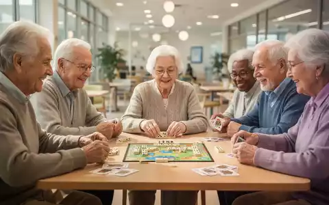 Senioren spielen gemeinsam Gesellschaftsspiele in einer Begegnungsstätte zur Förderung der kognitiven Fitness. - Foto: über boerse-global.de