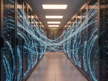 Moderner Finanzdatenzentrum-Serverraum mit blauen Leuchten und fortschrittlicher Serverinfrastruktur - Foto: über boerse-global.de
