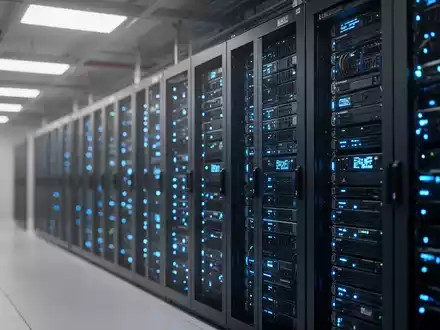 Reihen von hochmodernen Server-Racks in einem professionellen Rechenzentrum mit blauer Beleuchtung. - Foto: über boerse-global.de