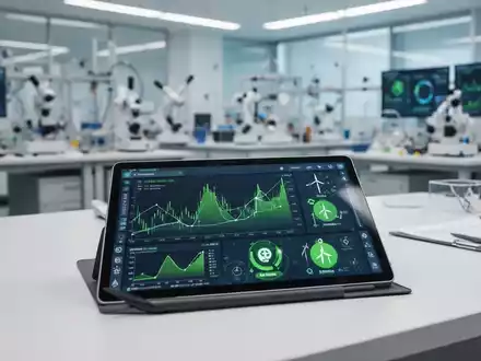 Ein moderner Schreibtisch mit digitalem Tablet, auf dem Finanzgrafiken und Symbole für grüne Energie zu sehen sind. - Foto: über boerse-global.de