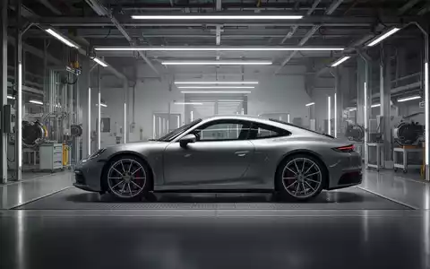 Ein moderner Porsche in einer hochmodernen, minimalistischen Fertigungshalle bei stimmungsvoller Beleuchtung. - Foto: über boerse-global.de