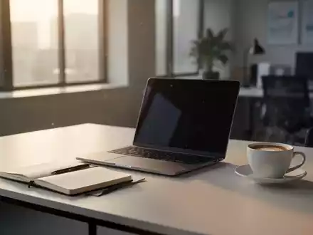 Moderner Homeoffice-Arbeitsplatz mit Laptop und Notizbuch bei hellem Tageslicht. - Foto: über boerse-global.de