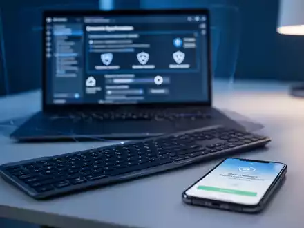 Ein Laptop-Bildschirm mit komplexen E-Mail-Einstellungen und ein Smartphone mit einer Zwei-Faktor-Authentifizierungs-Benachrichtigung. - Foto: über boerse-global.de