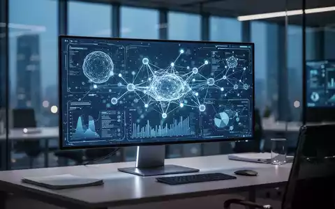 Modernes Büro mit digitaler Datenvisualisierung auf einem Monitor als Symbol für KI-Integration in DAX-Konzernen. - Foto: über boerse-global.de