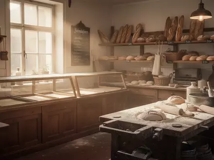 Leere Verkaufstheke und Backstube einer traditionellen Bäckerei im warmen Morgenlicht. - Foto: über boerse-global.de