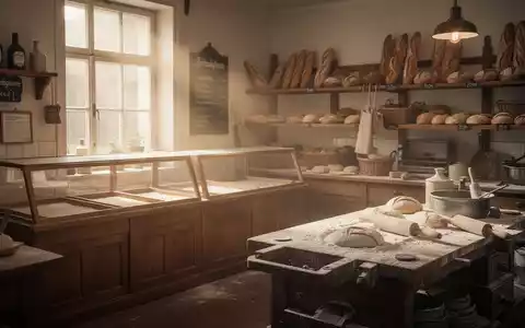 Leere Verkaufstheke und Backstube einer traditionellen Bäckerei im warmen Morgenlicht. - Foto: über boerse-global.de