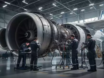 Mechaniker bei der Wartung eines modernen Flugzeugtriebwerks in einer hochmodernen Instandhaltungshalle. - Foto: über boerse-global.de