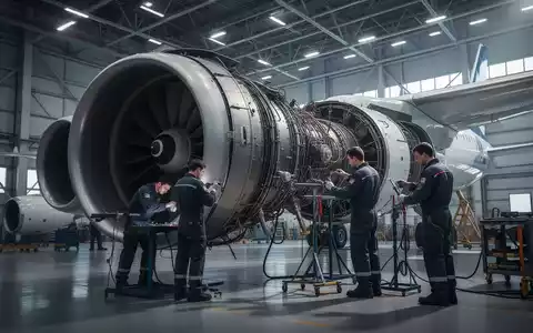 Mechaniker bei der Wartung eines modernen Flugzeugtriebwerks in einer hochmodernen Instandhaltungshalle. - Foto: über boerse-global.de
