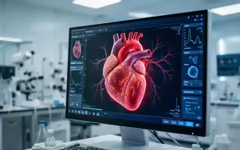 Digitales 3D-Modell eines menschlichen Herzens auf einem medizinischen Monitor in einem Forschungslabor. - Foto: über boerse-global.de