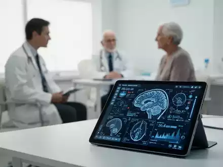 Ein digitaler Tablet-Bildschirm zeigt komplexe neurologische Daten und Gehirn-Scans in einer modernen Arztpraxis. - Foto: über boerse-global.de