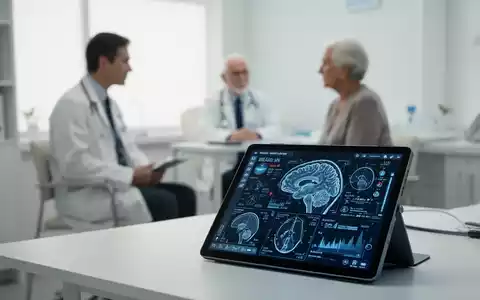 Ein digitaler Tablet-Bildschirm zeigt komplexe neurologische Daten und Gehirn-Scans in einer modernen Arztpraxis. - Foto: über boerse-global.de