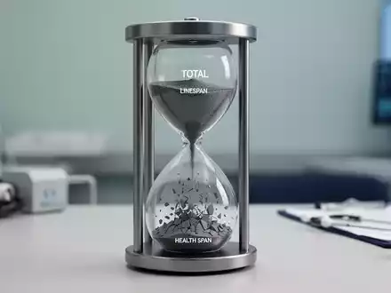 Eine Sanduhr auf einem medizinischen Schreibtisch, die die Diskrepanz zwischen Lebensdauer und gesunden Lebensjahren symbolisiert. - Foto: über boerse-global.de