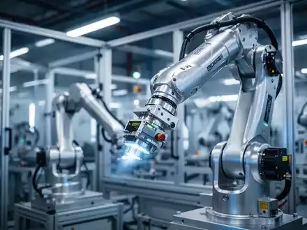 Ein hochmoderner Industrieroboter in einer automatisierten Smart Factory mit Fokus auf Präzisionstechnik. - Foto: über boerse-global.de