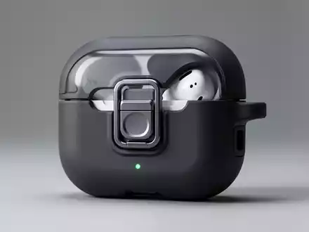 Schwarze Schutzhülle für AirPods Pro mit mechanischem Verschluss und integriertem Magnetring auf neutralem Hintergrund. - Foto: über boerse-global.de