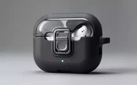 Schwarze Schutzhülle für AirPods Pro mit mechanischem Verschluss und integriertem Magnetring auf neutralem Hintergrund. - Foto: über boerse-global.de