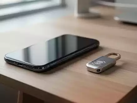Ein Smartphone und ein kleiner NFC-Hardware-Schlüssel auf einem Holztisch, Symbol für digitale Achtsamkeit und Fokus-Tools. - Foto: über boerse-global.de