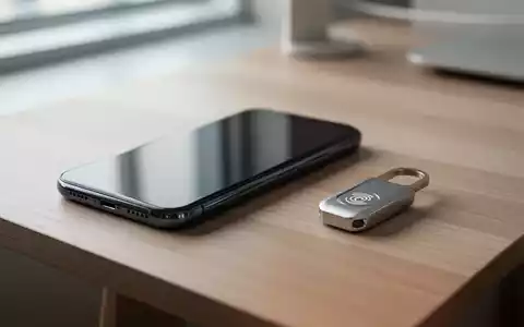 Ein Smartphone und ein kleiner NFC-Hardware-Schlüssel auf einem Holztisch, Symbol für digitale Achtsamkeit und Fokus-Tools. - Foto: über boerse-global.de
