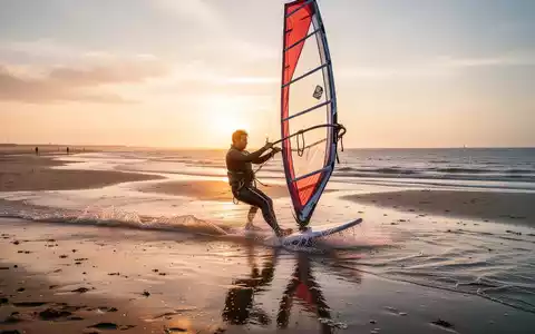 Person beim Windsurfen vor der Nordseeküste bei Sonnenuntergang als Ganzkörper-Workout. - Foto: über boerse-global.de