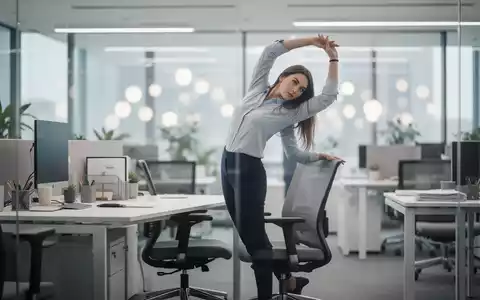 Eine Frau macht eine kurze Bewegungspause an ihrem modernen Büroarbeitsplatz, um aktiv zu bleiben. - Foto: über boerse-global.de