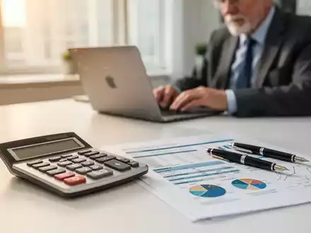Ein moderner Schreibtisch mit Taschenrechner und Unterlagen; im Hintergrund ist eine arbeitende ältere Person zu sehen. - Foto: über boerse-global.de