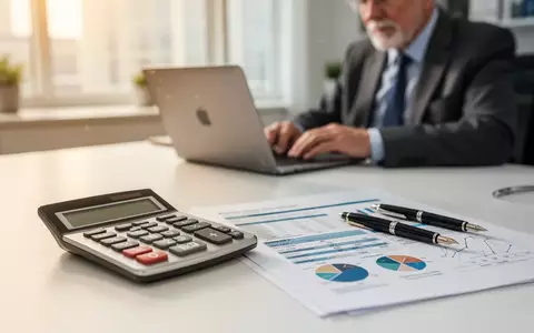 Ein moderner Schreibtisch mit Taschenrechner und Unterlagen; im Hintergrund ist eine arbeitende ältere Person zu sehen. - Foto: über boerse-global.de