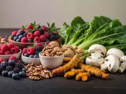 Eine Auswahl an gesunden, entzündungshemmenden Lebensmitteln wie Beeren, Kurkuma, Nüssen und Pilzen auf einem dunklen Holztisch. - Foto: über boerse-global.de