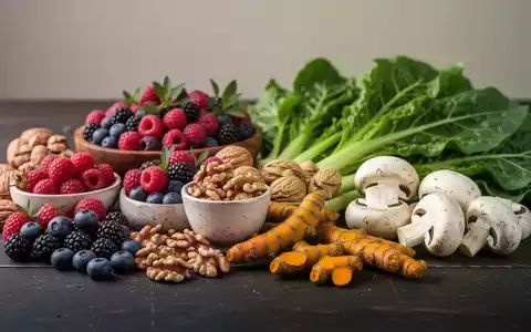 Eine Auswahl an gesunden, entzündungshemmenden Lebensmitteln wie Beeren, Kurkuma, Nüssen und Pilzen auf einem dunklen Holztisch. - Foto: über boerse-global.de