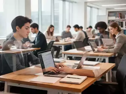 Konzentrierte Personen arbeiten an Laptops in einer modernen, hellen Bibliothek an strukturierten Schreibplätzen. - Foto: über boerse-global.de