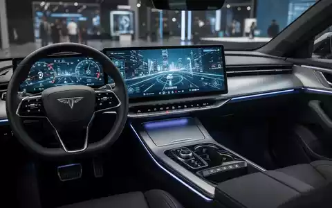 Modernes Cockpit eines Elektroautos mit großem Hyperscreen und detaillierter Mittelkonsole bei stimmungsvoller Beleuchtung. - Foto: über boerse-global.de