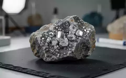 Nahaufnahme einer lithiumhaltigen Gesteinsprobe mit sichtbaren Mineralkristallen in einem geologischen Labor. - Foto: über boerse-global.de