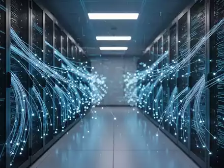 Abstrakte Darstellung eines modernen Rechenzentrums mit blauen Lichteffekten zur Visualisierung von KI-gestützter Cybersicherheit. - Foto: über boerse-global.de