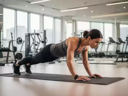 Eine Person führt in einem modernen Fitnessstudio eine Plank-Übung auf einer Yogamatte aus. - Foto: über boerse-global.de