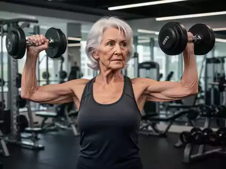 Eine sportliche 80-jährige Frau beim gezielten Krafttraining mit Kurzhanteln in einem modernen Fitnessstudio. - Foto: über boerse-global.de