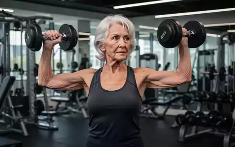 Eine sportliche 80-jährige Frau beim gezielten Krafttraining mit Kurzhanteln in einem modernen Fitnessstudio. - Foto: über boerse-global.de