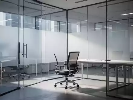 Ein moderner, leerer Büroarbeitsplatz mit einem ergonomischen Stuhl vor einer Glasfront in einem professionellen Umfeld. - Foto: über boerse-global.de