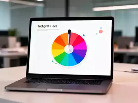 Ein Laptop-Bildschirm zeigt eine bunte, interaktive Drehrad-Präsentationsfolie in einem modernen Büro. - Foto: über boerse-global.de