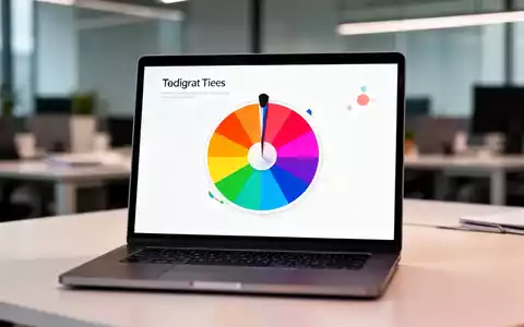 Ein Laptop-Bildschirm zeigt eine bunte, interaktive Drehrad-Präsentationsfolie in einem modernen Büro. - Foto: über boerse-global.de