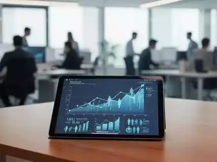 Modernes Büro mit digitalen Wirtschaftsdaten auf einem Tablet als Symbol für den deutschen Arbeitsmarkt. - Foto: über boerse-global.de